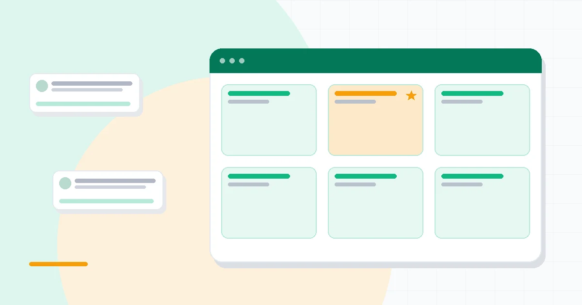 Flat illustration of a document page beside a linked database grid, deep blue and amber palette