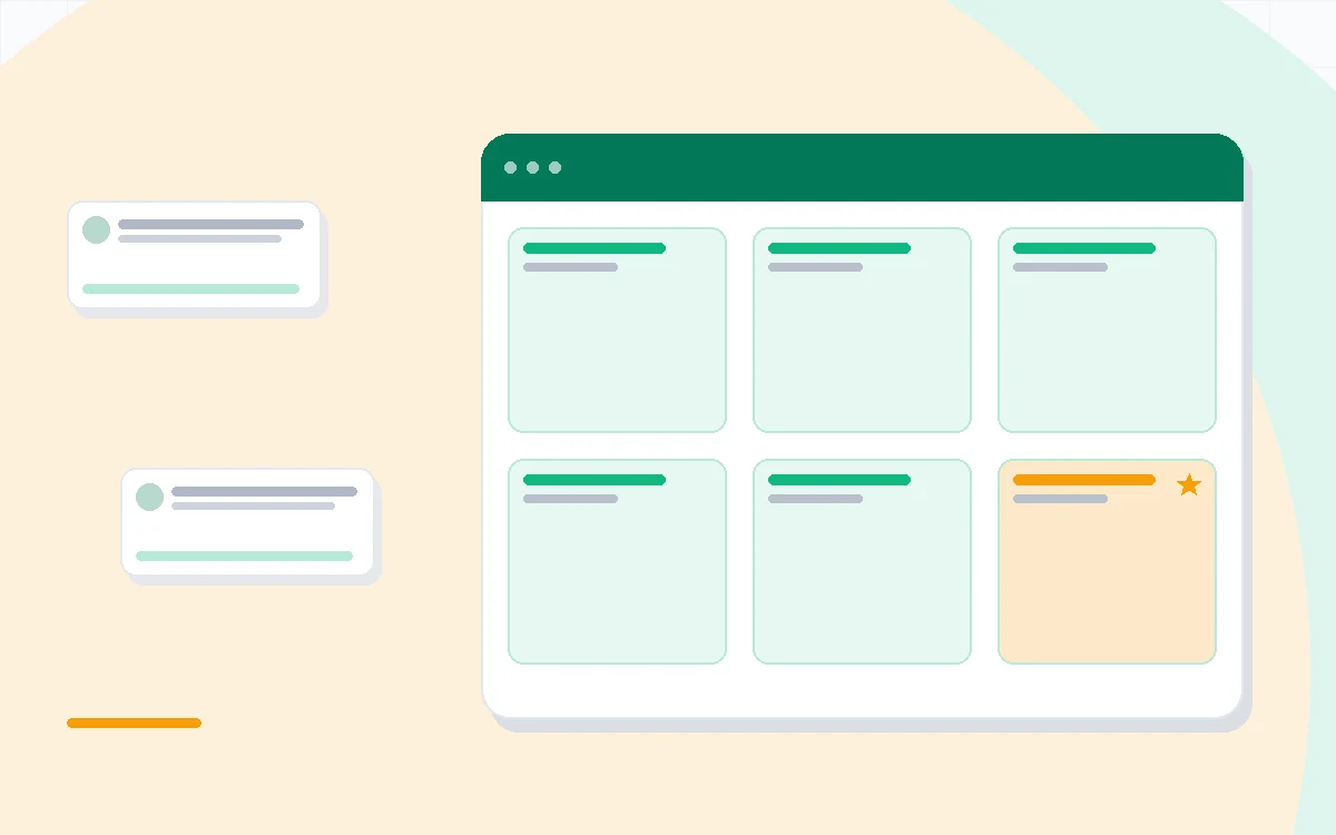 Flat illustration of a document page beside a task board with cards, deep blue and amber palette