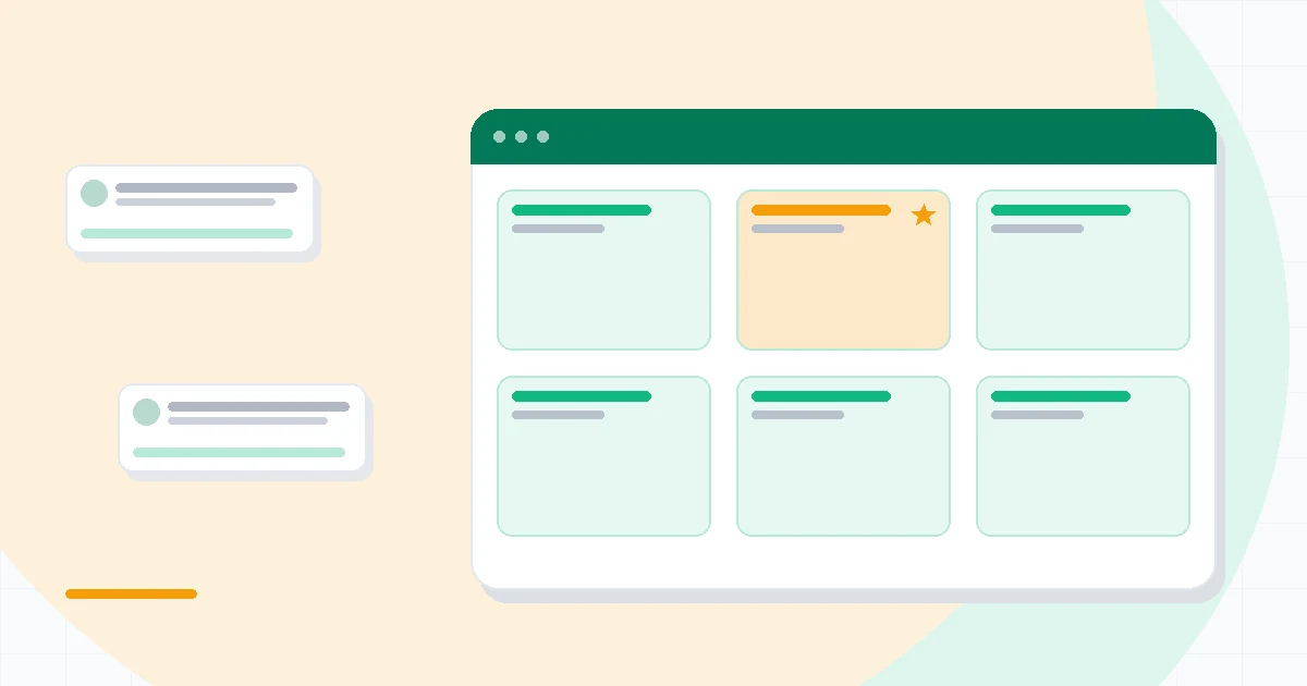Flat illustration of a document page beside a task board with cards, deep blue and amber palette