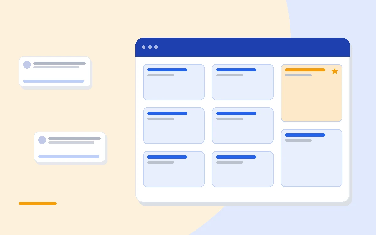 Flat illustration of a sales pipeline board beside a support headset icon and a tiered pricing ladder, deep blue and amber palette