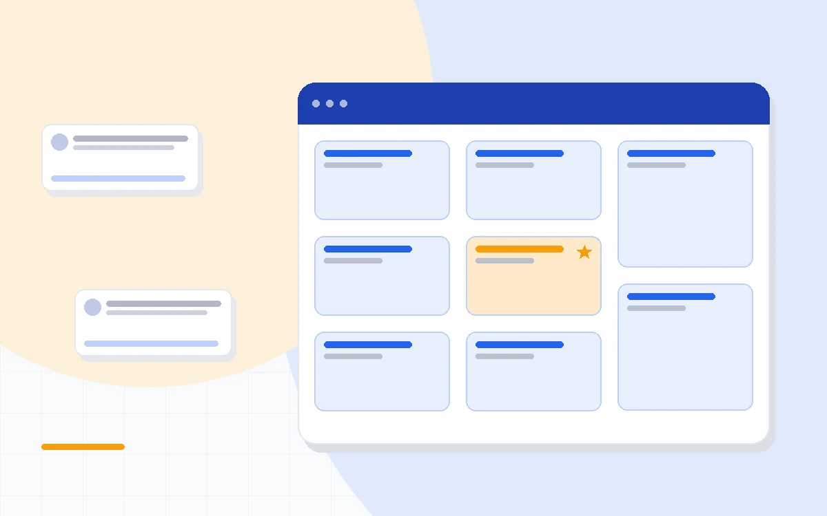 Flat illustration of two sales pipelines with deal cards moving through stages beside a stack of price tiers, deep blue and amber palette