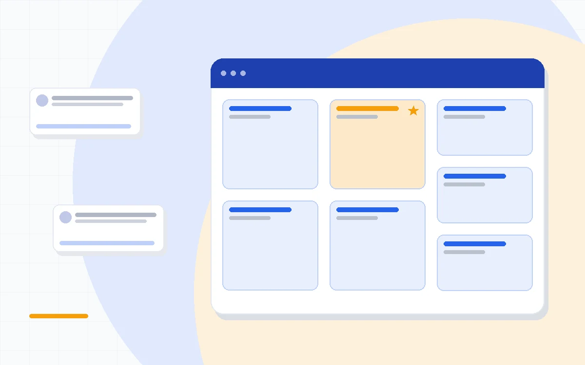 Flat illustration of a pipeline funnel icon beside a modular app-grid icon and a price tag, deep blue and amber palette