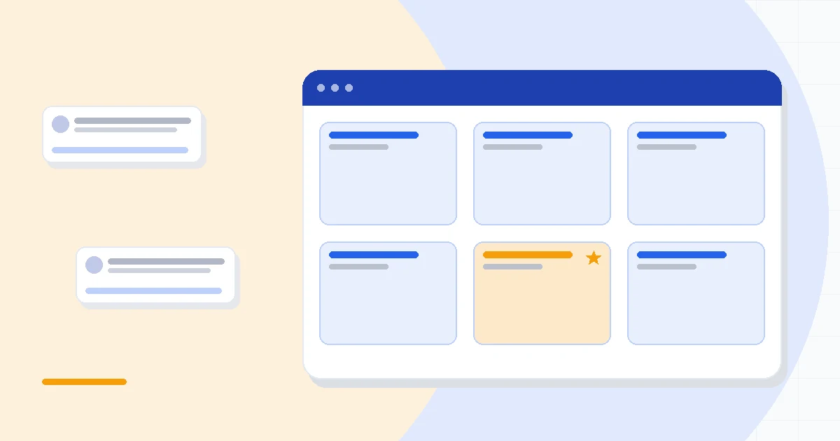 Flat illustration of a pipeline funnel icon beside a modular app-grid icon and a price tag, deep blue and amber palette