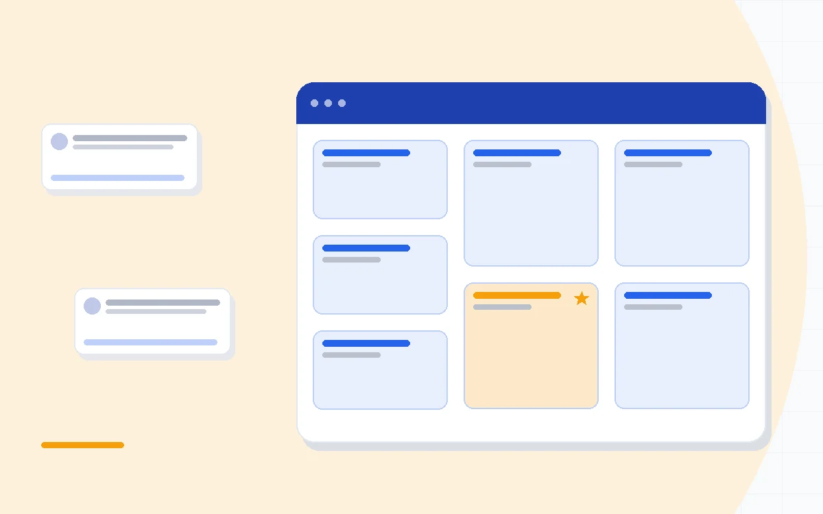 Flat illustration of a modular building block platform beside a connected suite of app icons, deep blue and amber palette