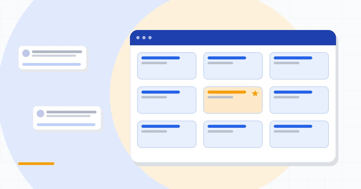Flat illustration of a modular building block platform beside a connected suite of app icons, deep blue and amber palette