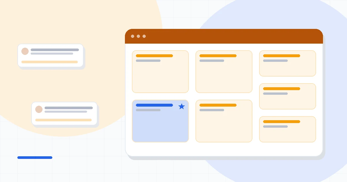 Flat illustration of an online store dashboard with email and SMS message cards, deep blue and amber palette