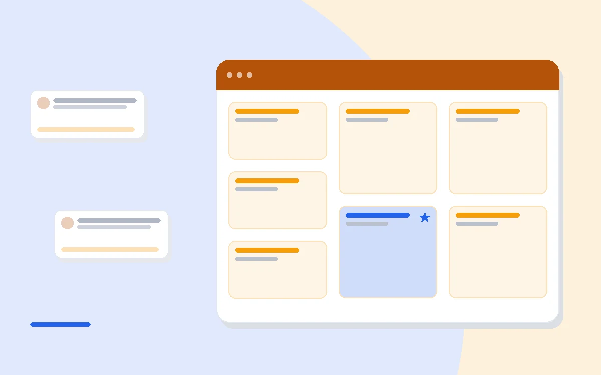 Flat illustration of a contact card panel beside an email automation flow and a payment invoice icon, deep blue and amber palette