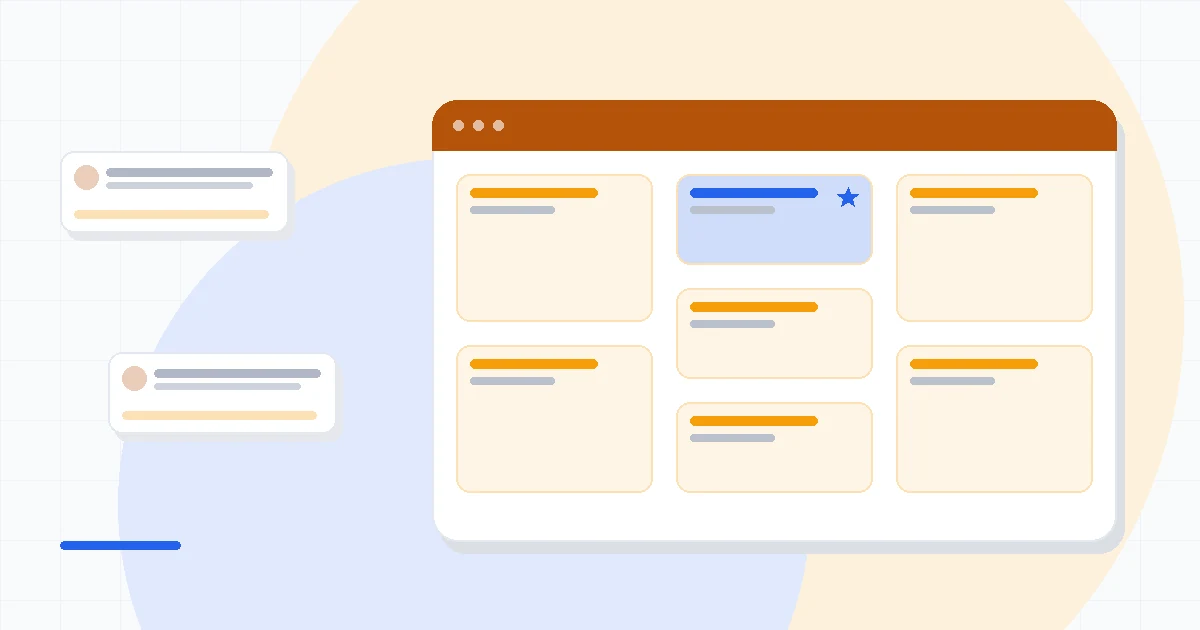 Flat illustration of a contact card panel beside an email automation flow and a payment invoice icon, deep blue and amber palette