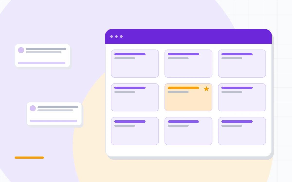 Flat illustration of a video meeting with a transcript and summary card, deep blue and amber palette