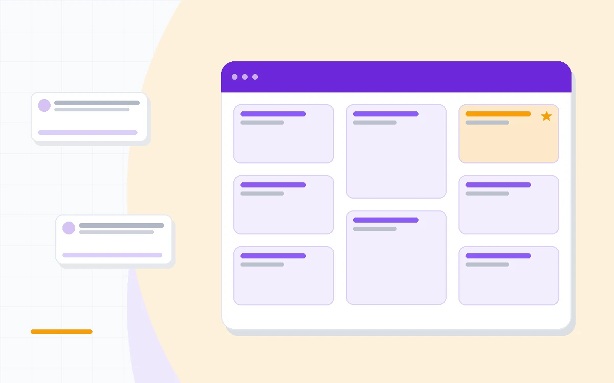 Flat illustration of an AI answer card with numbered citation links connecting to source document pages below, deep blue and amber palette