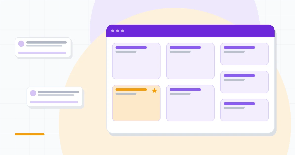 Flat illustration of a search box beside a cited answer card and a list of ranked links, deep blue and amber palette