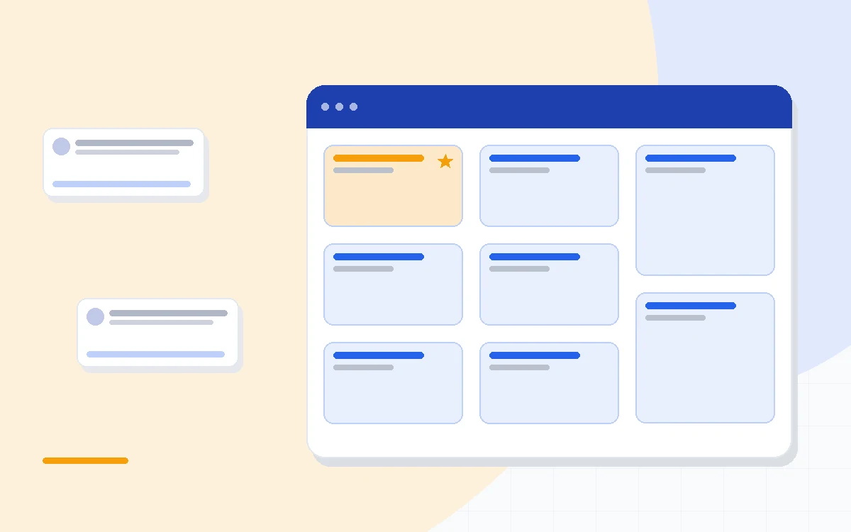 Flat illustration of a sales pipeline board with deal cards moving through stages and an activity reminder bell, deep blue and amber palette