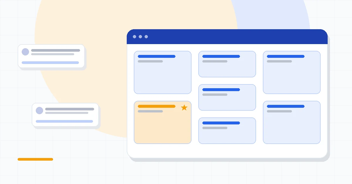 Flat illustration of a deal pipeline beside a hub of connected sales and marketing tools, deep blue and amber palette