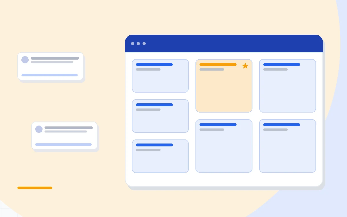 Flat illustration of a simple sales funnel beside a large layered platform of connected blocks, deep blue and amber palette