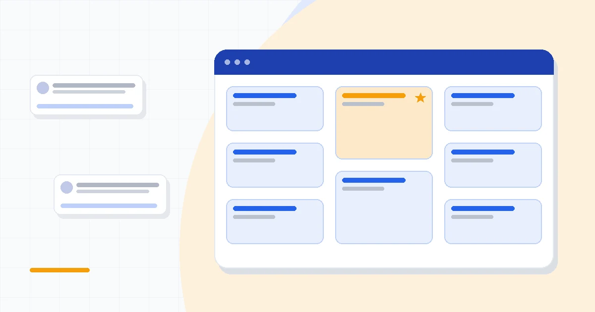 Flat illustration of a simple sales funnel beside a large layered platform of connected blocks, deep blue and amber palette