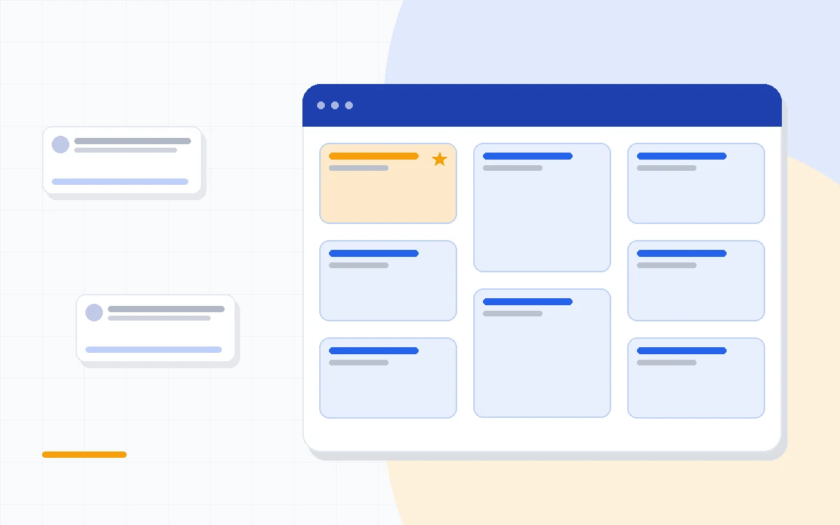 Flat illustration of a visual sales pipeline board icon beside a sales manager dashboard and a price tag, deep blue and amber palette