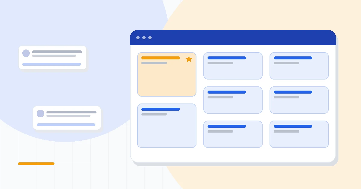 Flat illustration of a visual sales pipeline board icon beside a sales manager dashboard and a price tag, deep blue and amber palette