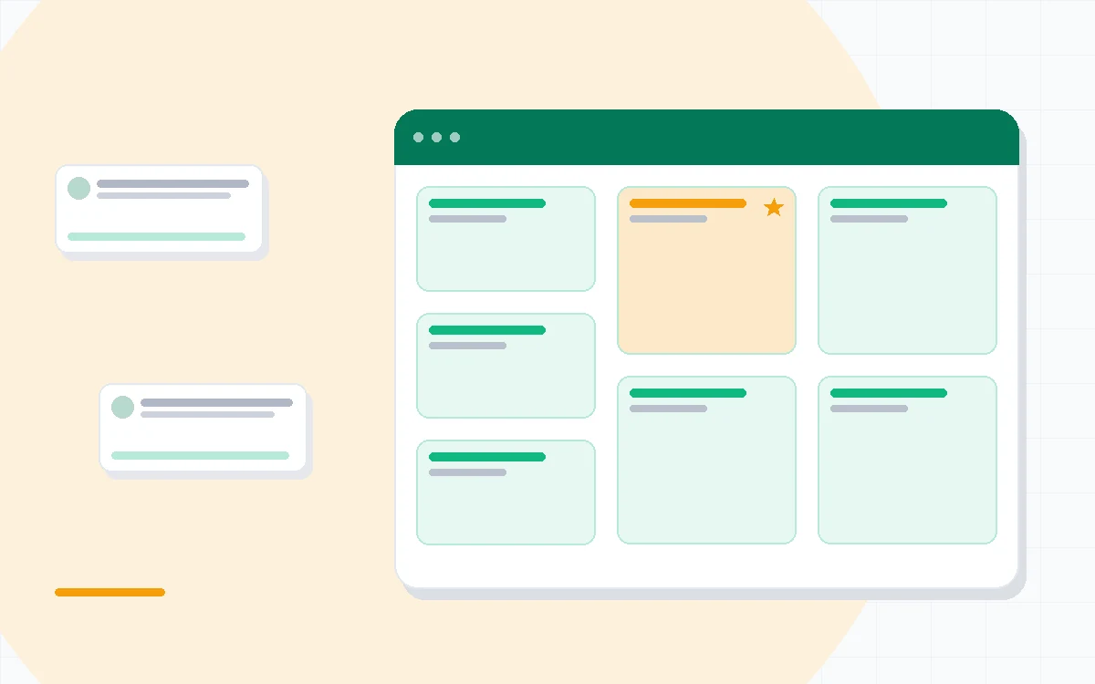 Flat illustration of a Kanban board beside a time tracking timer and a file proofing panel, deep blue and amber palette