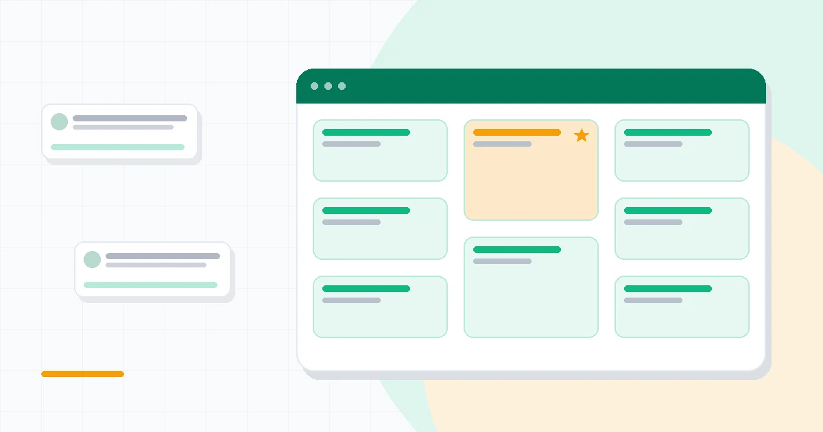 Flat illustration of a Kanban board beside a time tracking timer and a file proofing panel, deep blue and amber palette