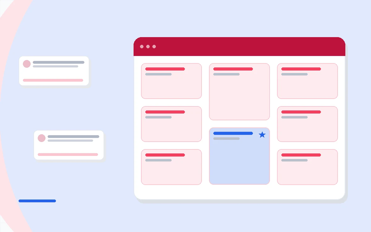 Flat illustration of two corporate cards beside an expense dashboard, deep blue and amber palette