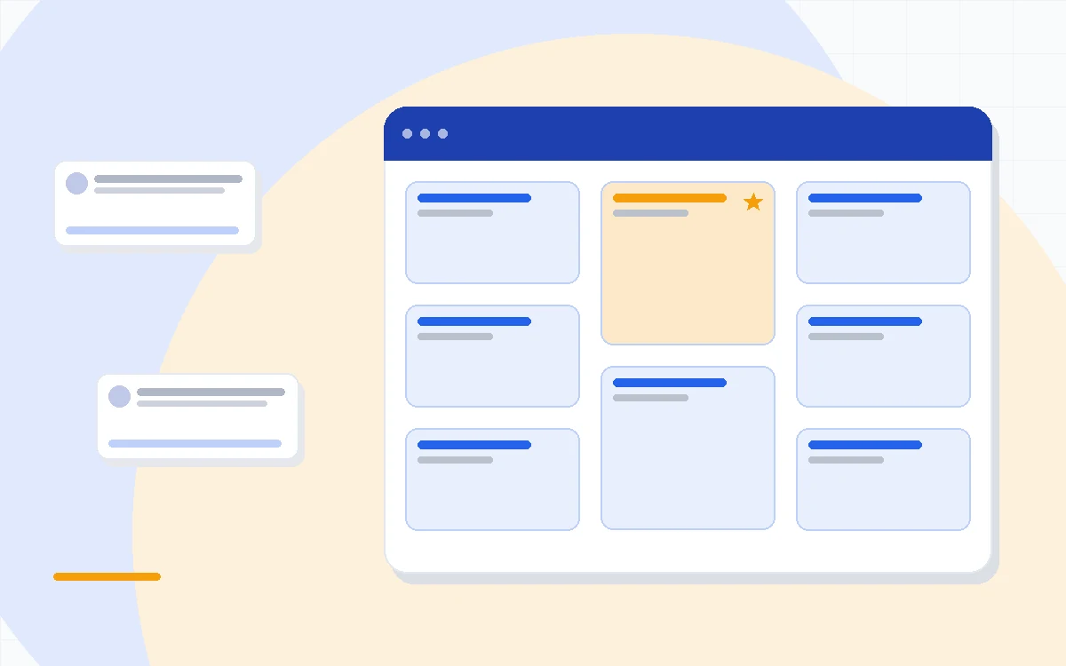 Flat illustration of a contact record assembling itself from email and company data cards, deep blue and amber palette