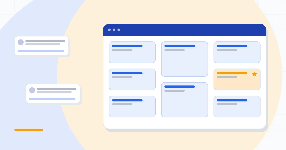 Flat illustration of a CRM contact record assembling itself from email and company data cards, deep blue and amber palette