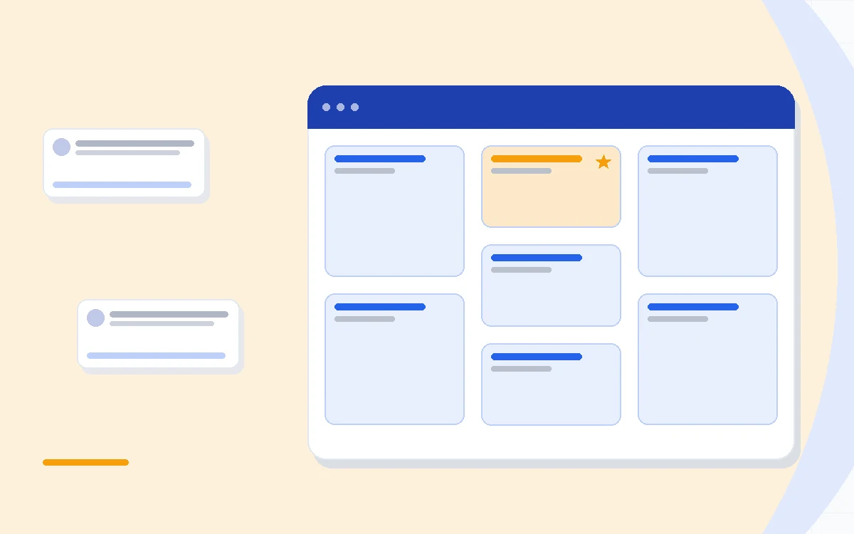 Flat illustration of an inbox feeding contact cards automatically beside a drag-and-drop deal pipeline board, deep blue and amber palette
