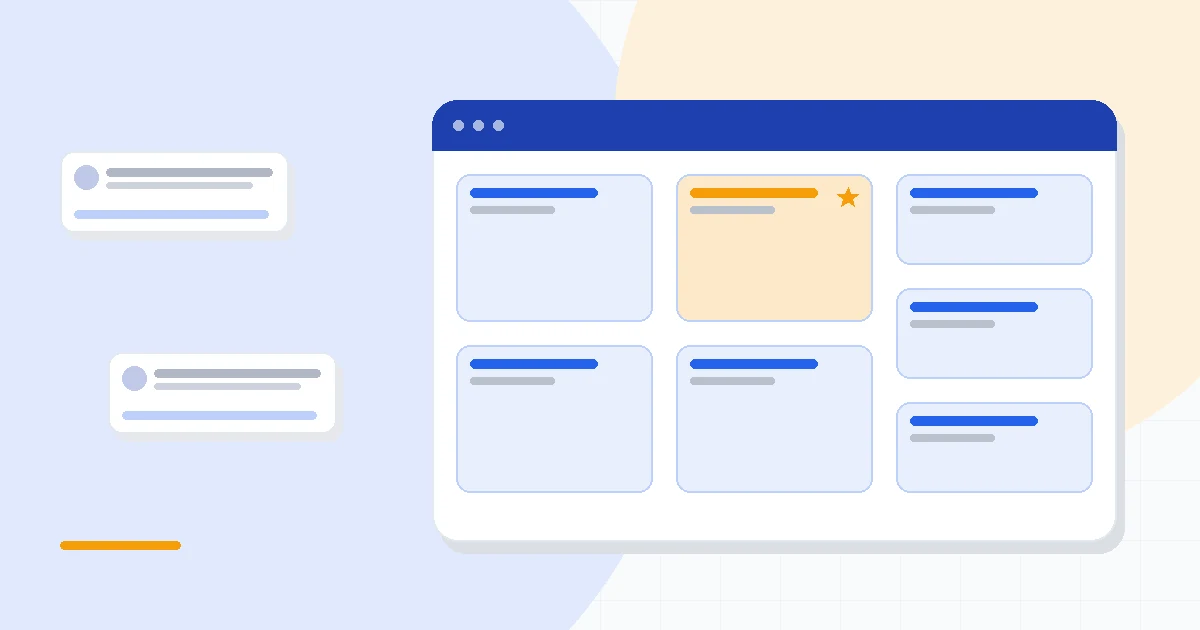 Flat illustration of an inbox feeding contact cards beside a drag-and-drop deal pipeline, deep blue and amber palette