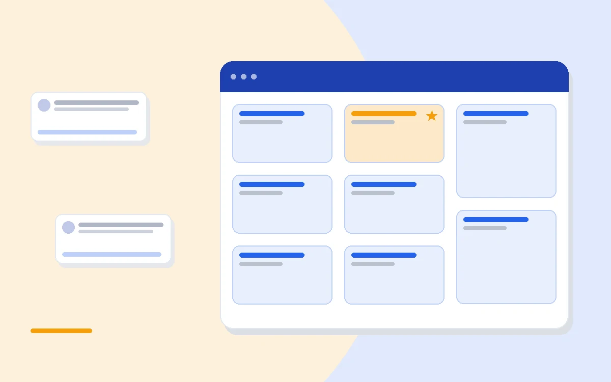 Flat illustration of a CRM pipeline board beside a Slack-style chat icon and a per-seat pricing ladder, deep blue and amber palette