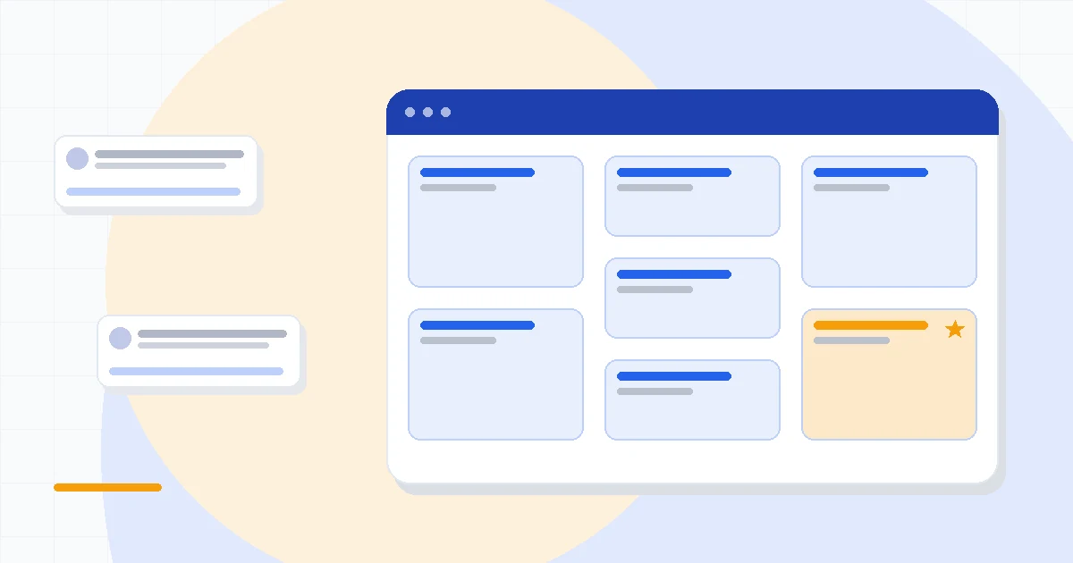 Flat illustration of a CRM pipeline board beside a Slack-style chat icon and a tiered pricing ladder, deep blue and amber palette