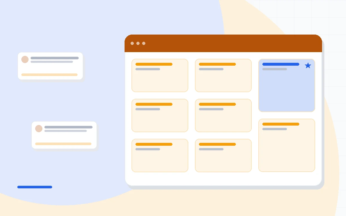 Flat illustration of an email API console beside a marketing campaign dashboard and a delivery gauge, deep blue and amber palette