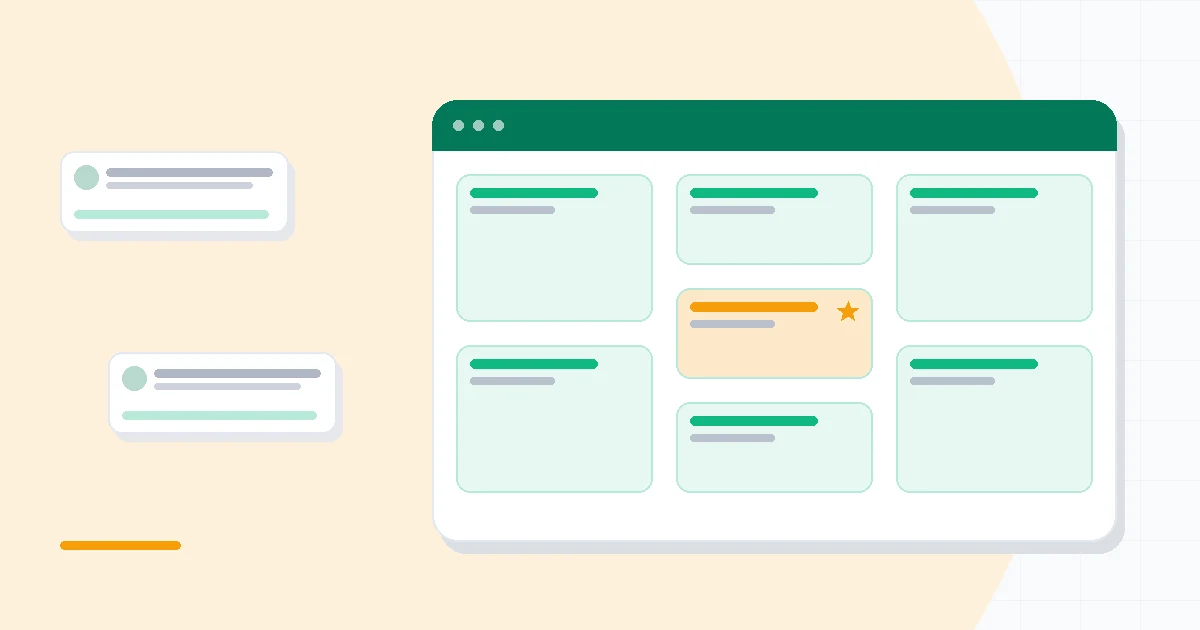 Flat illustration of a project grid with formula cells, Gantt timeline and portfolio dashboard cards connected by automation arrows, deep blue and amber palette