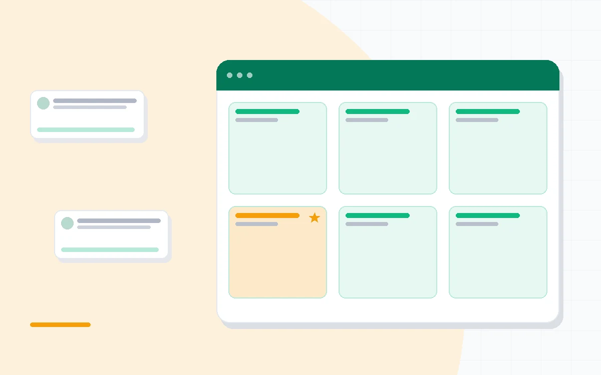 Flat illustration of a project grid with formula cells, Gantt timeline and portfolio dashboard cards connected by automation arrows, deep blue and amber palette