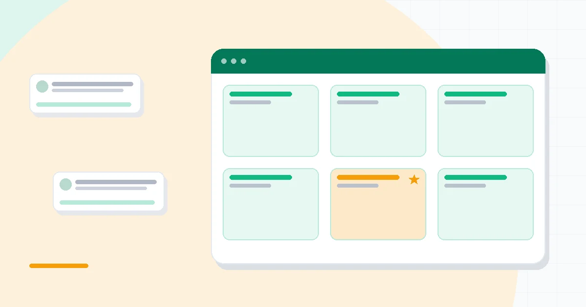Flat illustration of a spreadsheet grid and a kanban board side by side, deep blue and amber palette