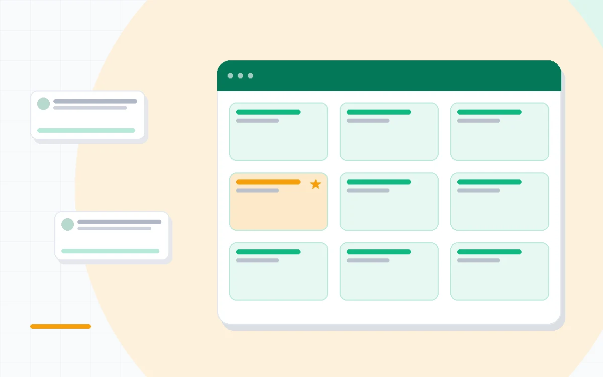 Flat illustration of a spreadsheet grid beside a colorful kanban board, deep blue and amber palette