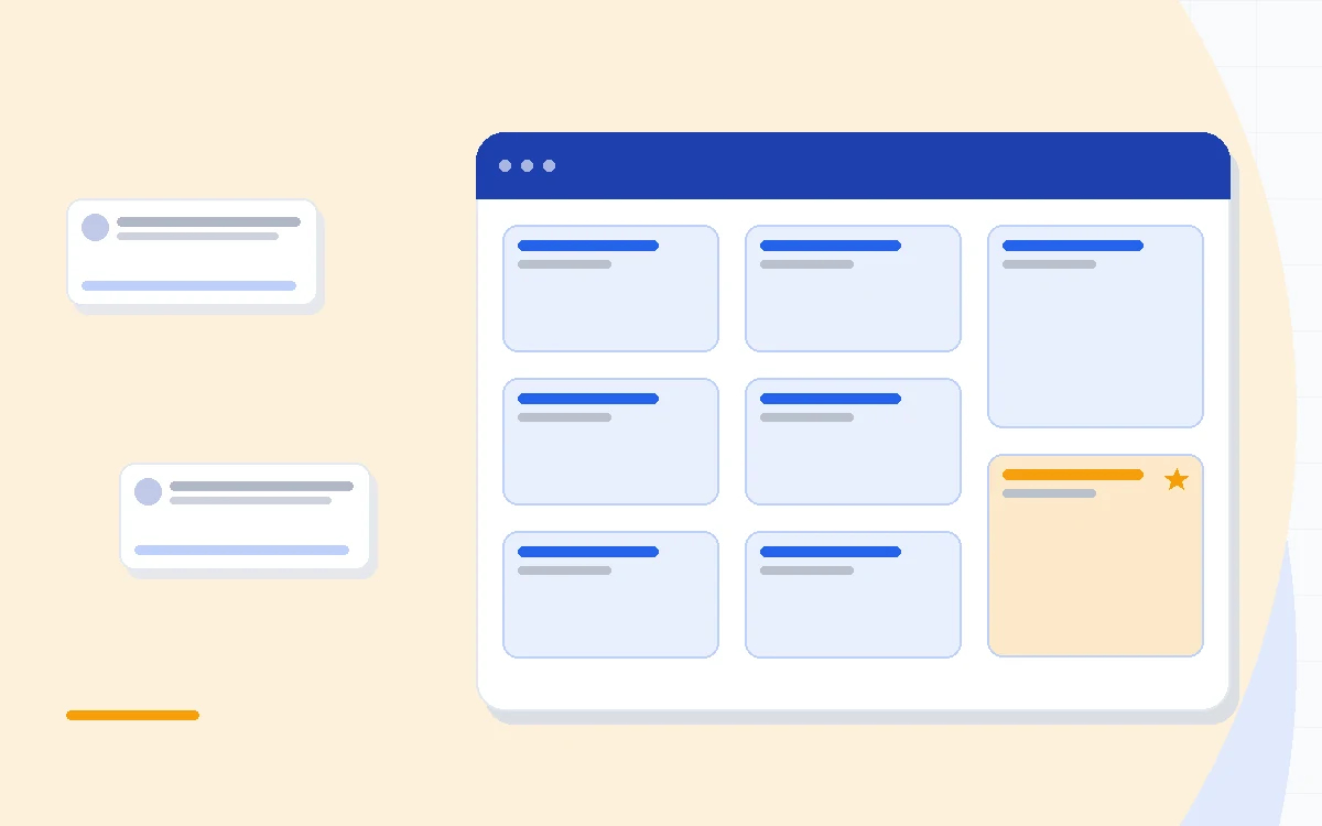 Flat illustration of a Gmail inbox with a sales pipeline board layered inside it beside two rival CRM cards, deep blue and amber palette