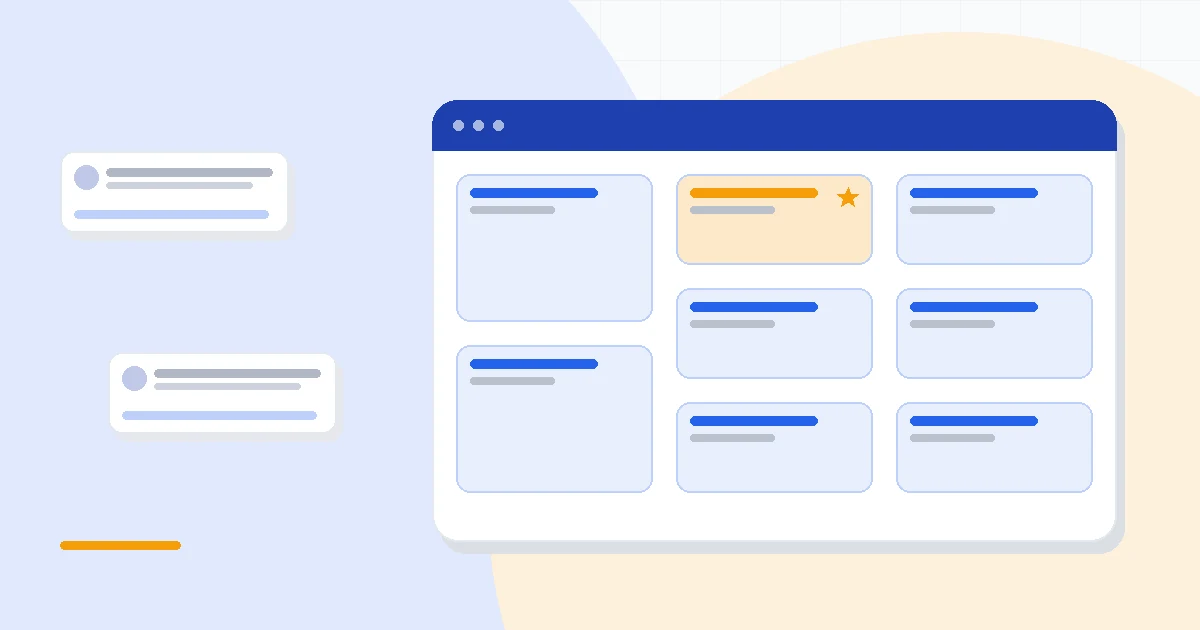 Flat illustration of a Gmail inbox with a sales pipeline board layered inside it, deep blue and amber palette