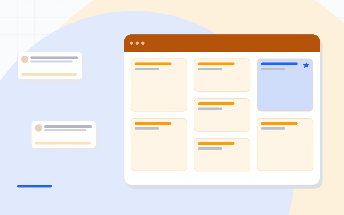 Flat illustration of a newsletter subscriber list beside a paywall toggle and a referral program dashboard, deep blue and amber palette