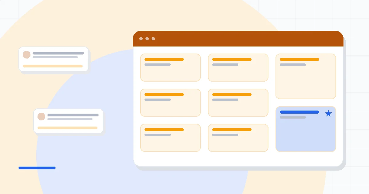 Flat illustration of a newsletter subscriber list beside a paywall toggle and a referral program dashboard, deep blue and amber palette