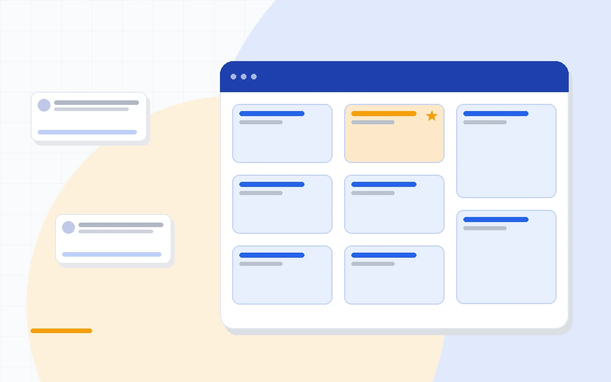 Flat illustration of a CRM dashboard beside a workflow automation diagram and a price tag, deep blue and amber palette