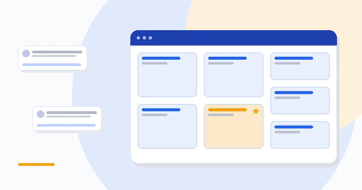 Flat illustration of a CRM dashboard beside a workflow automation diagram and a price tag, deep blue and amber palette