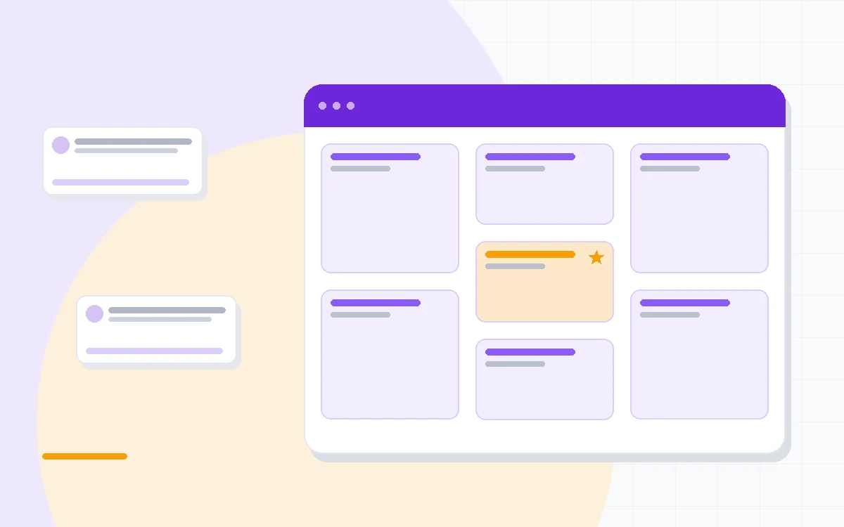 Flat illustration of a content editor page with a keyword score gauge beside AI assistant cards, deep blue and amber palette