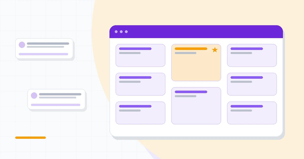 Flat illustration of a content editor page with a keyword score gauge beside AI assistant cards, deep blue and amber palette