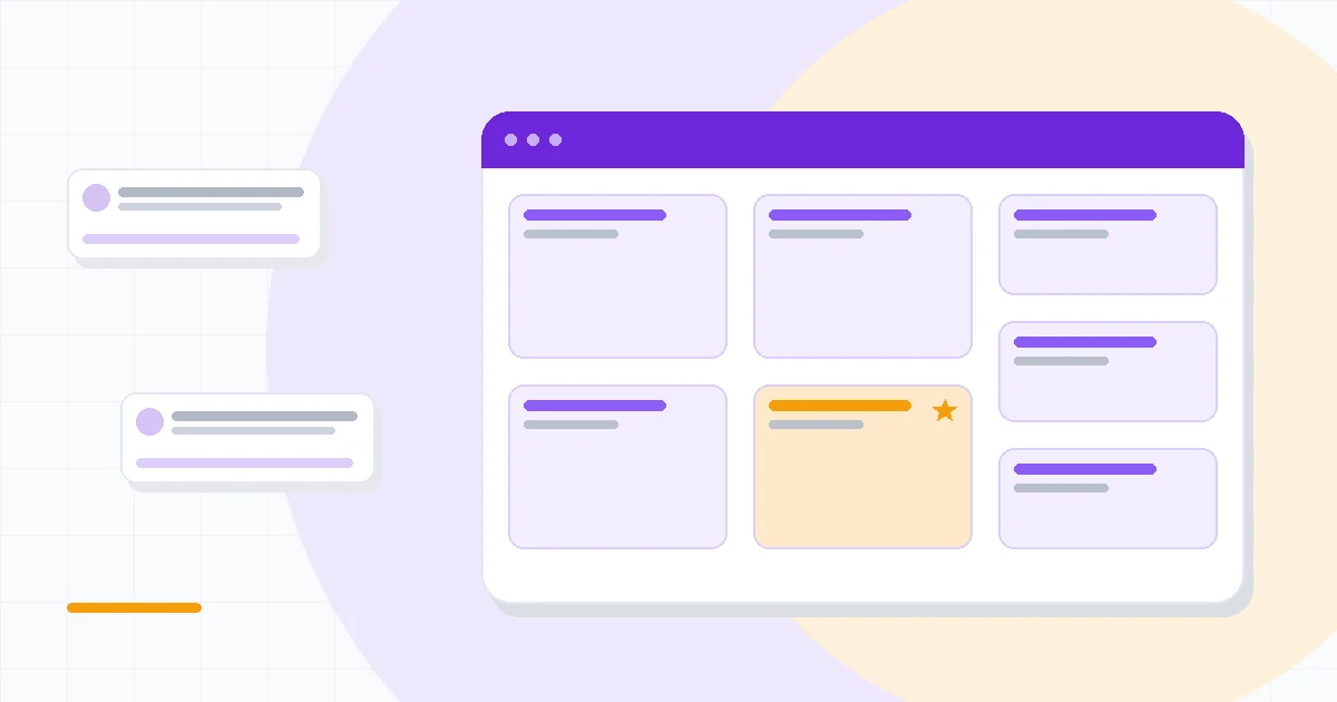 Flat illustration of a content scoring dashboard beside an AI writing assistant, deep blue and amber palette