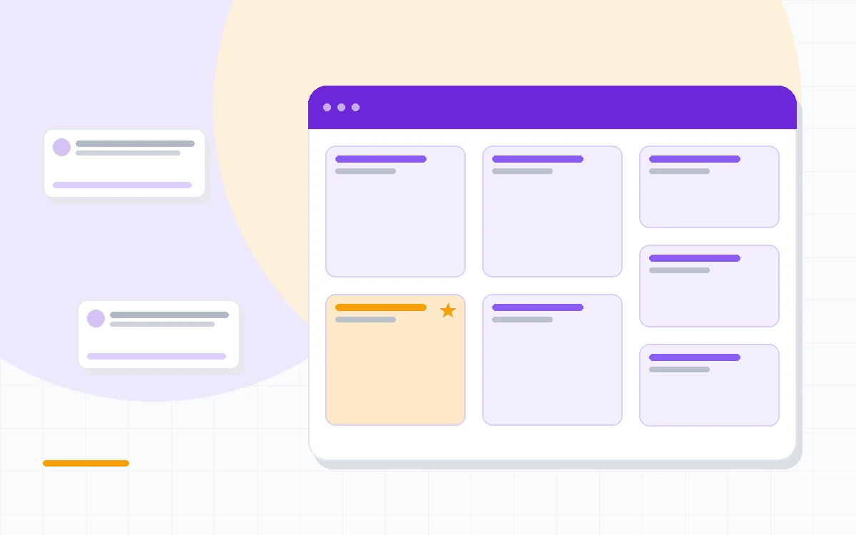 Flat illustration of a content scoring dashboard beside an AI writing assistant, deep blue and amber palette