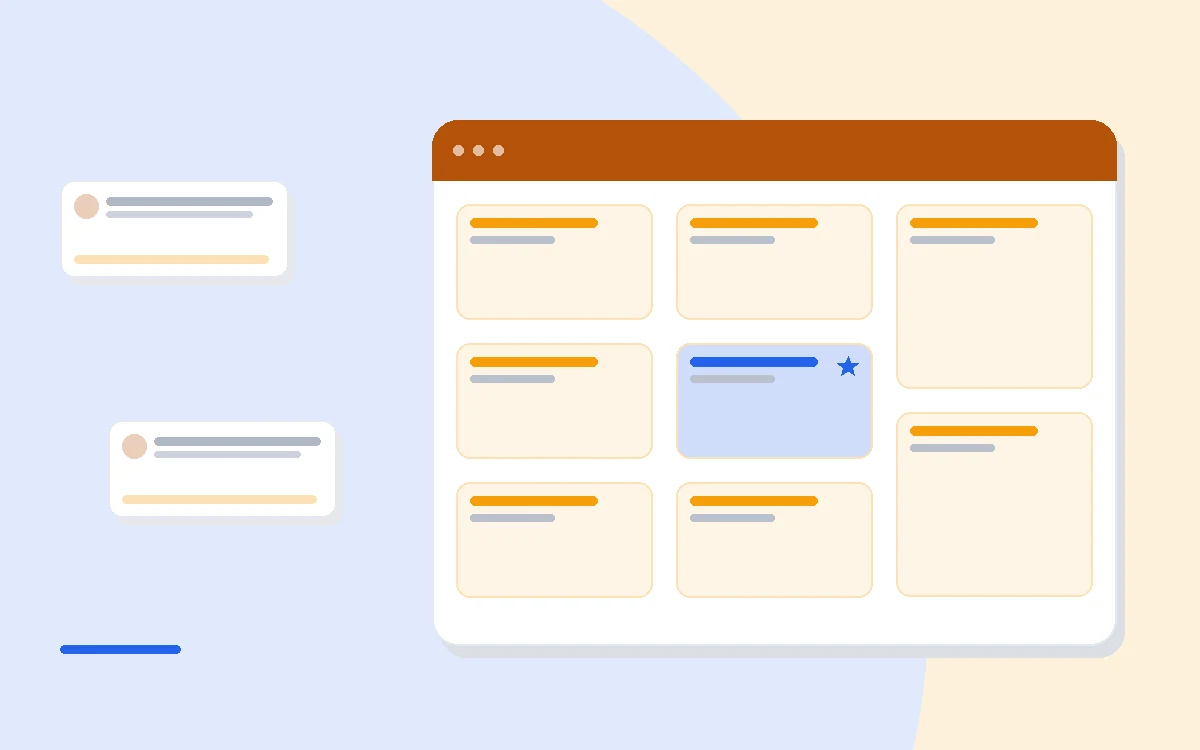 Flat illustration of a sales funnel icon beside an email inbox and a course-platform badge, deep blue and amber palette
