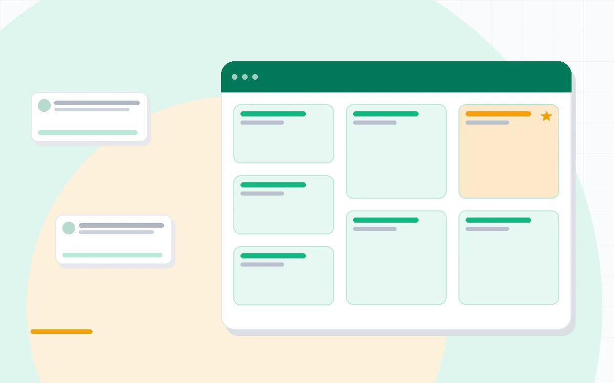 Flat illustration of an agency project dashboard with billable hours charts, budget burn-down bars and a client portal view, deep blue and amber palette