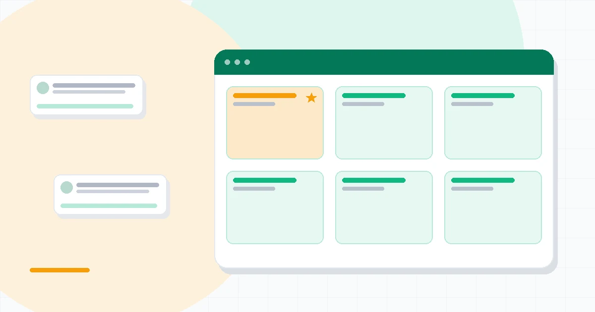 Flat illustration of an agency project dashboard with billable hours charts, budget burn-down bars and a client portal view, deep blue and amber palette