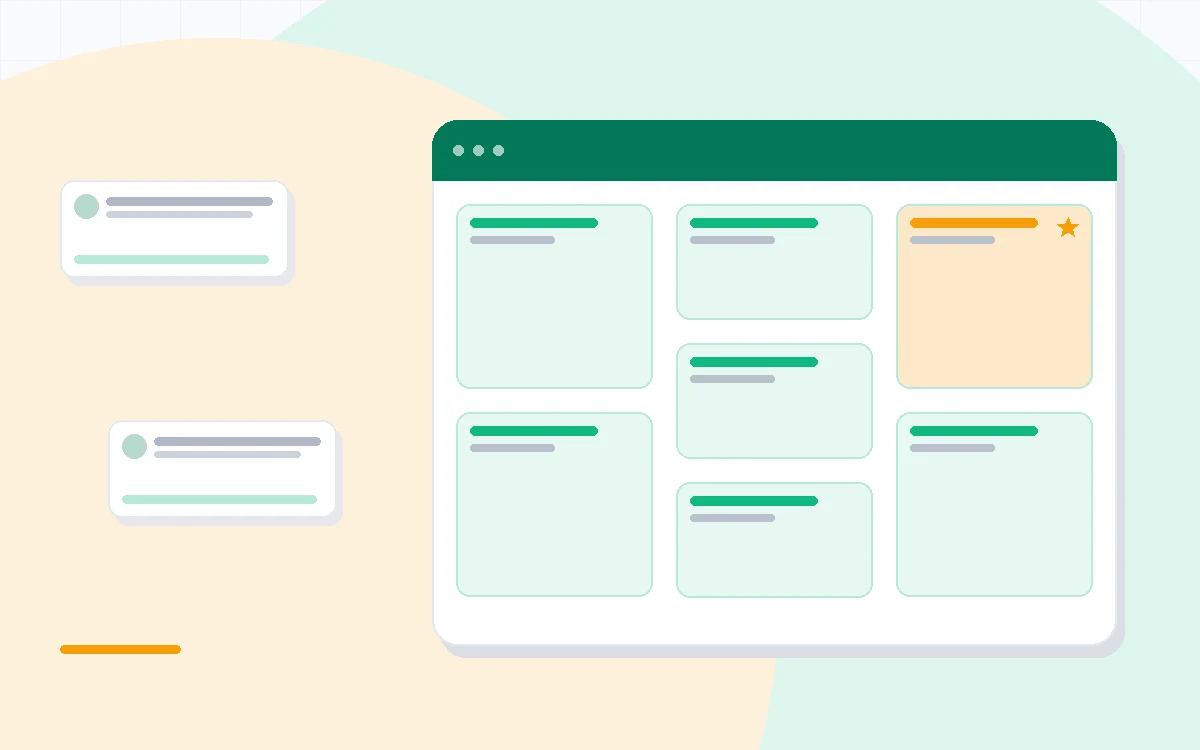 Flat illustration of a client portal on one side and an internal task board on the other, deep blue and amber palette