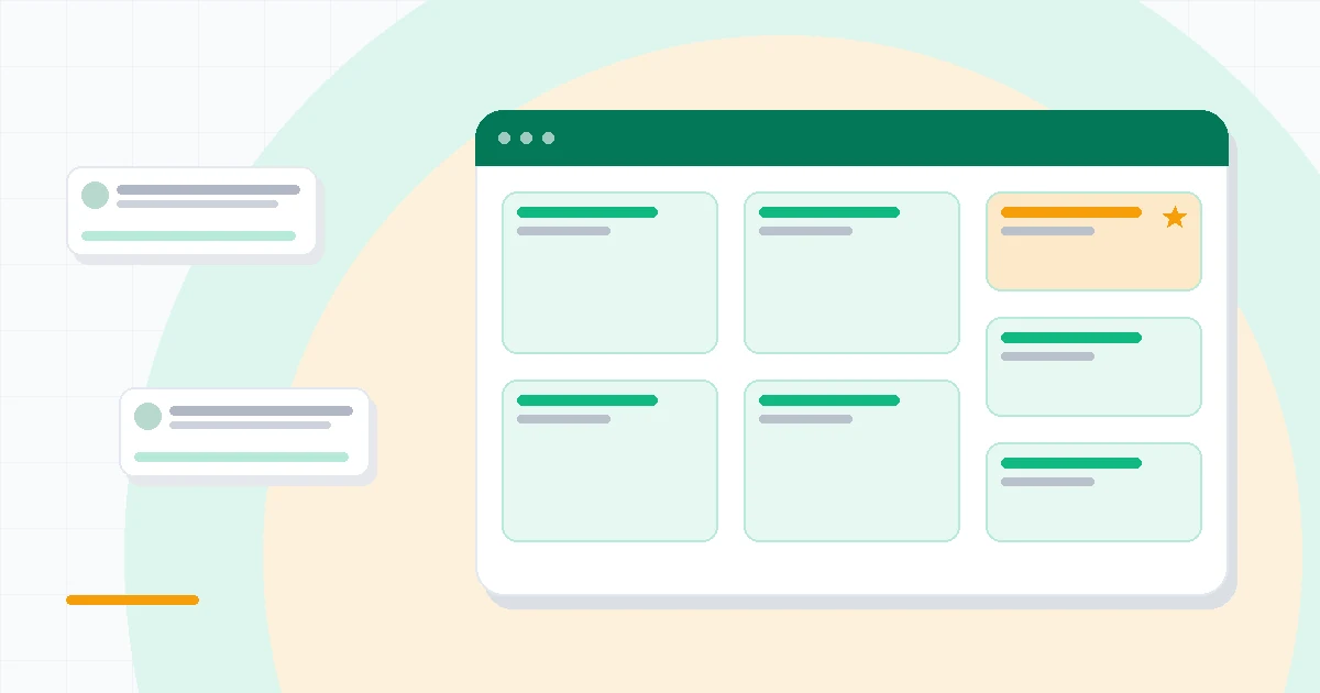 Flat illustration of a client portal beside an internal task board, deep blue and amber palette